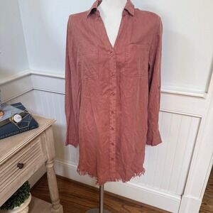 Dear John Terracotta Tencel Frayed Hem Button Front Shirt‎ Dress Womens M NWT